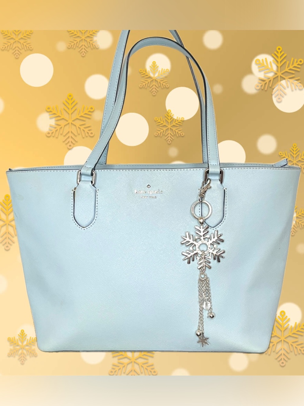 Kate Spade Powder Blue Leather Tote with Silver Snowflake Charm NWOT